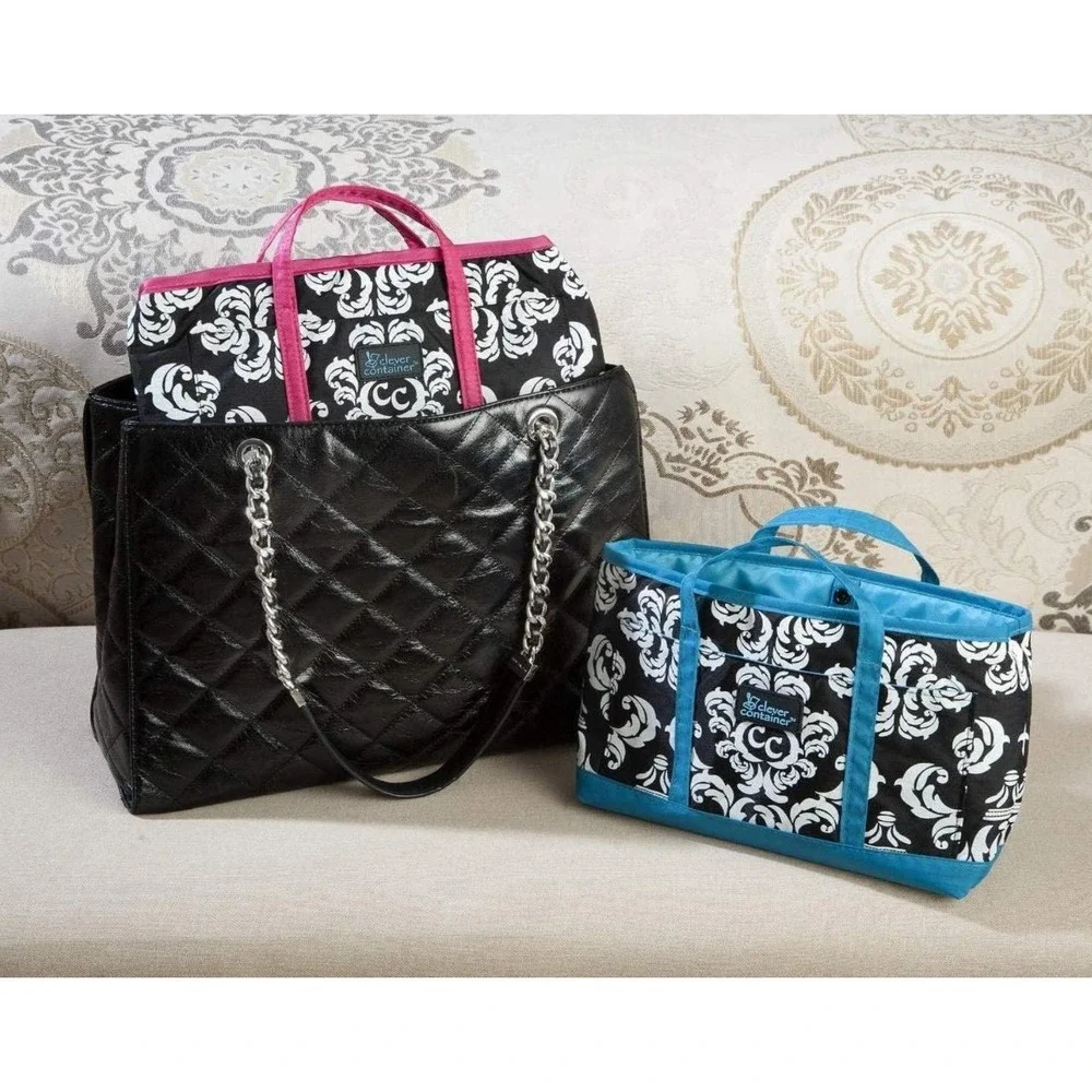 Compact Dual Handled Zippered Accessory‎ Purse Organizer - Damask w/ Pink